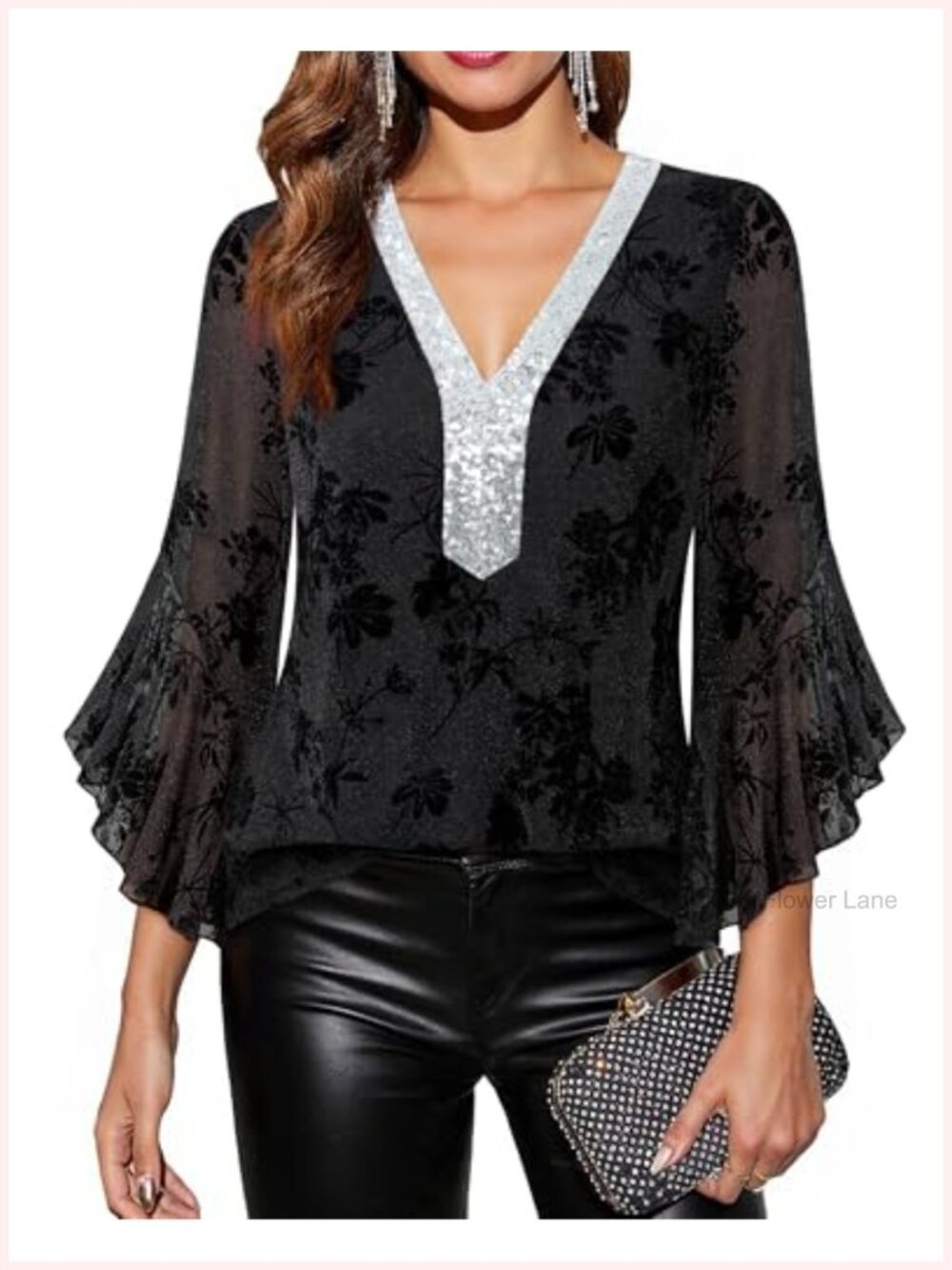 Women's Sparkly Sequin V-Neck Blouse with 3/4 Ruffle Sleeves Dressy